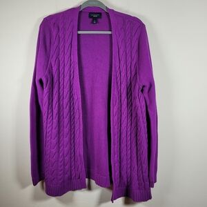 LL Bean Drifter Women Purple Cable Knit Sweater Cardigan Sz L Cotton Long Sleeve